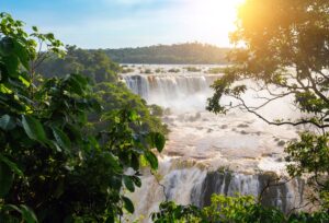 view of worldwide known Iguassu falls at the border of Brazil and Argentina